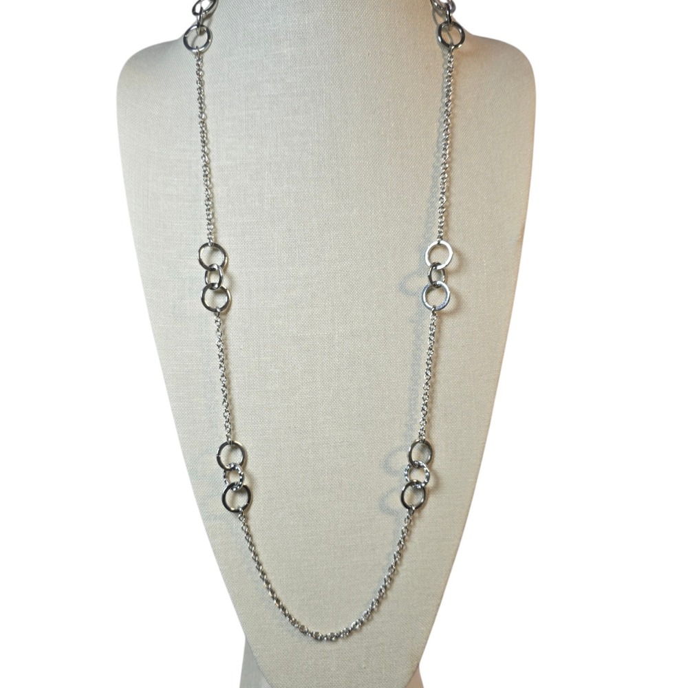 Banana Republic Long Silver Tone Chain Necklace Crystal Ring Links 44"